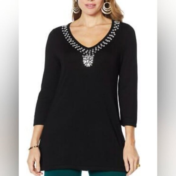 NEW! IMAN Jeweled Embellished "Touch of Cashmere" Sweater Tunic, Black - Picture 2 of 14